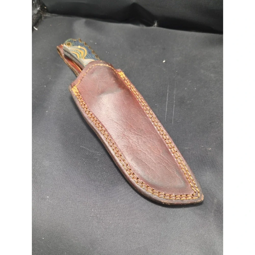 DM1334 Damascus Blue River Hunter 256 Layers Blade Wood Handle Leather Sheath